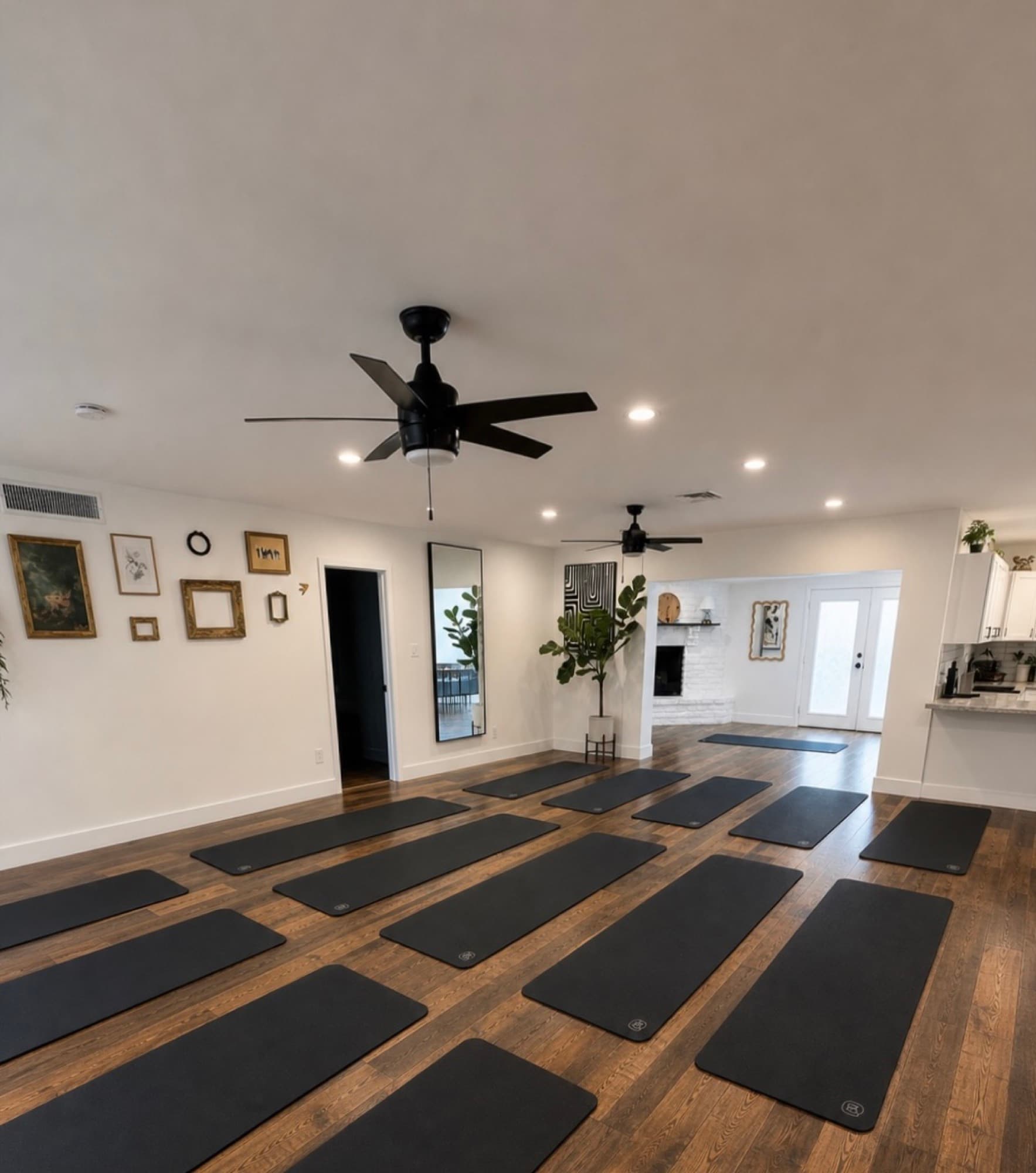 Wide view of the interior arranged for a group class