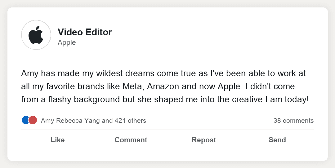 Testimonial from a Video Editor at Apple