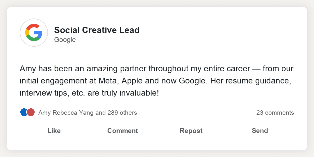 Testimonial from a Social Creative Lead at Google